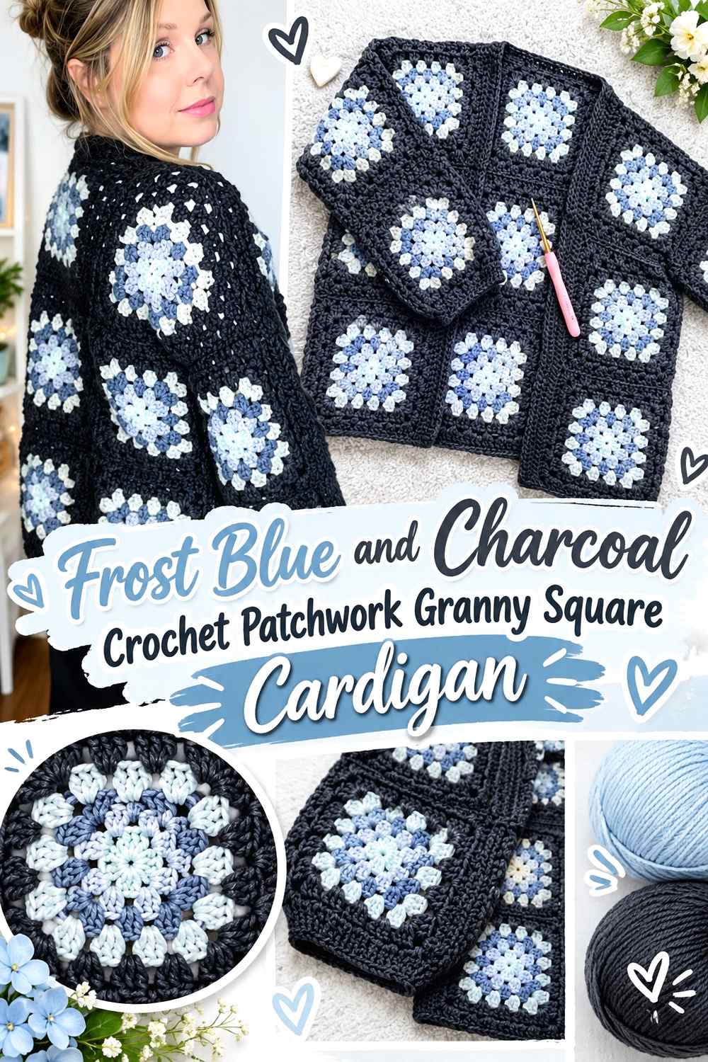 6. Frost Blue And Charcoal Crochet Patchwork Granny Square Cardigan