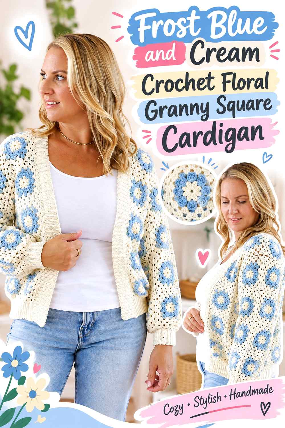 1. Frost Blue And Cream Crochet Floral Granny Square Cardigan