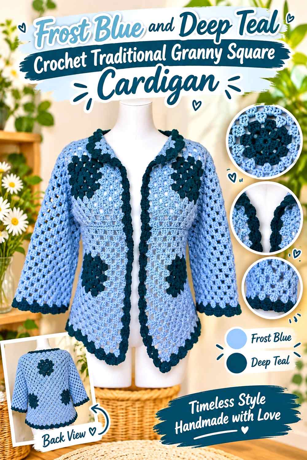 11. Frost Blue And Deep Teal Crochet Traditional Granny Square Cardigan