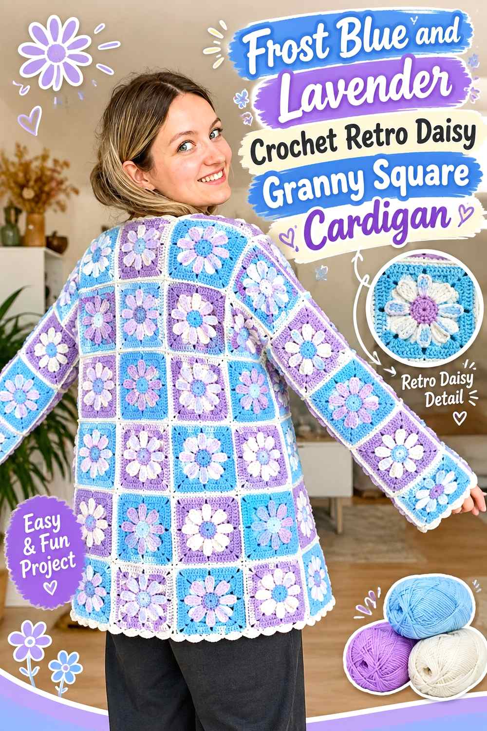7. Frost Blue And Lavender Crochet Retro Daisy Granny Square Cardigan
