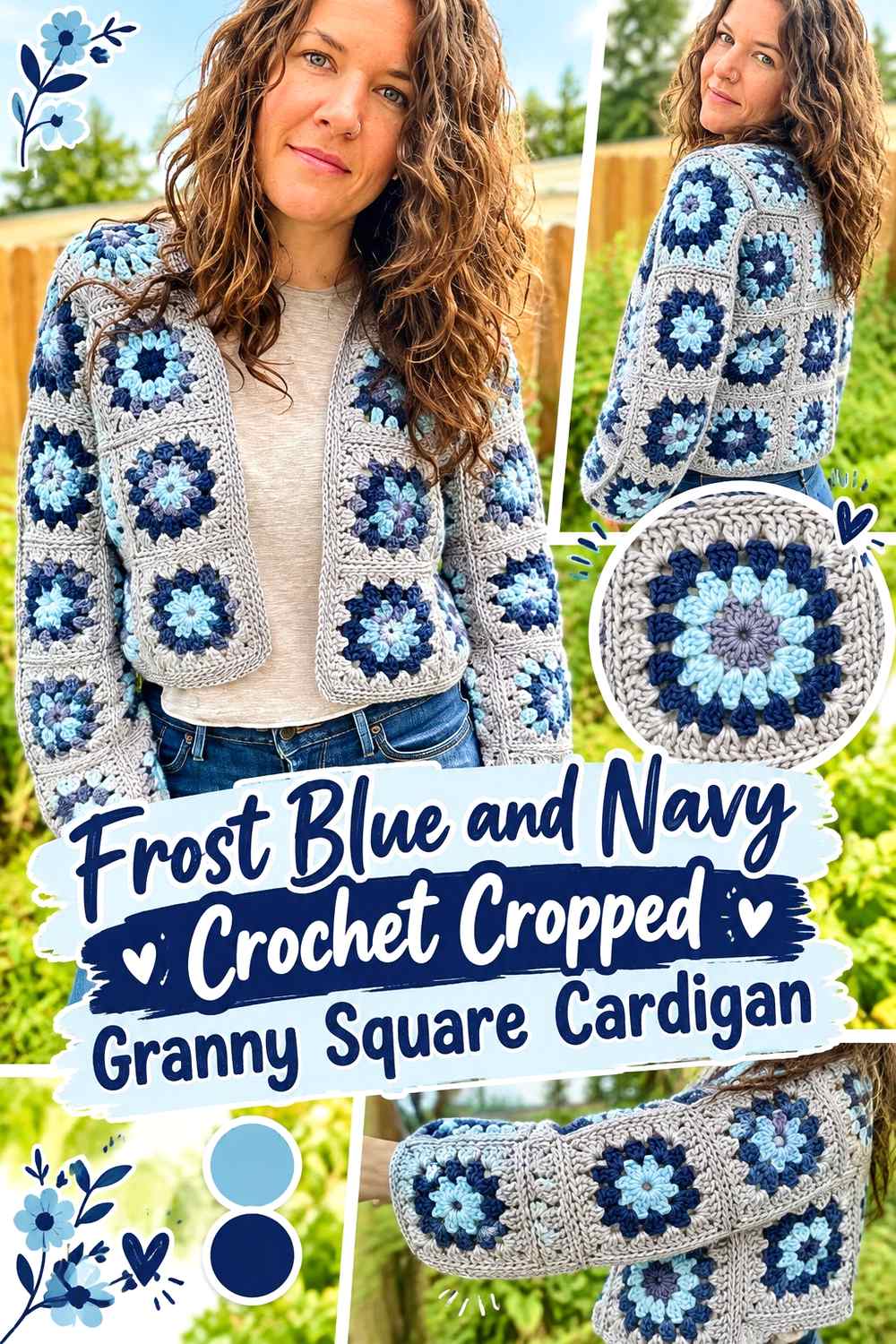 2. Frost Blue And Navy Crochet Cropped Granny Square Cardigan
