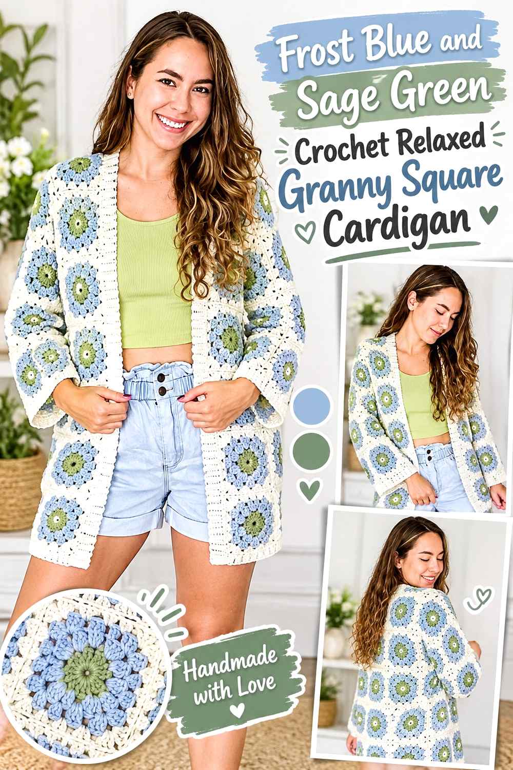 9. Frost Blue And Sage Green Crochet Relaxed Granny Square Cardigan