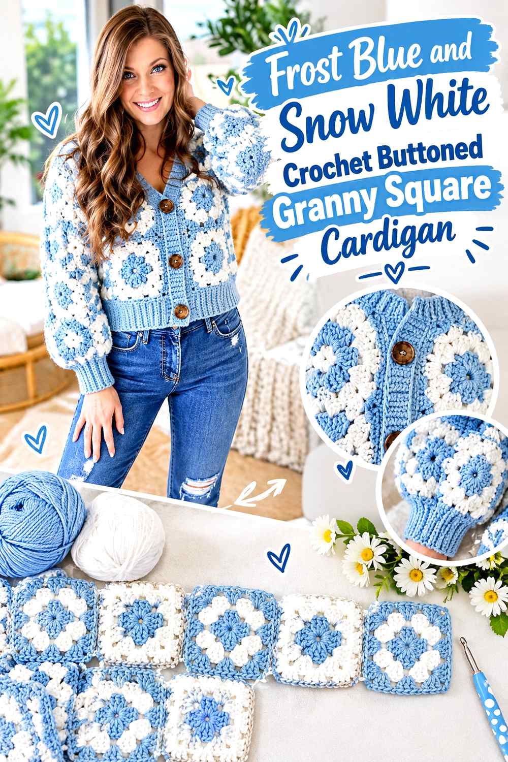 8. Frost Blue And Snow White Crochet Buttoned Granny Square Cardigan