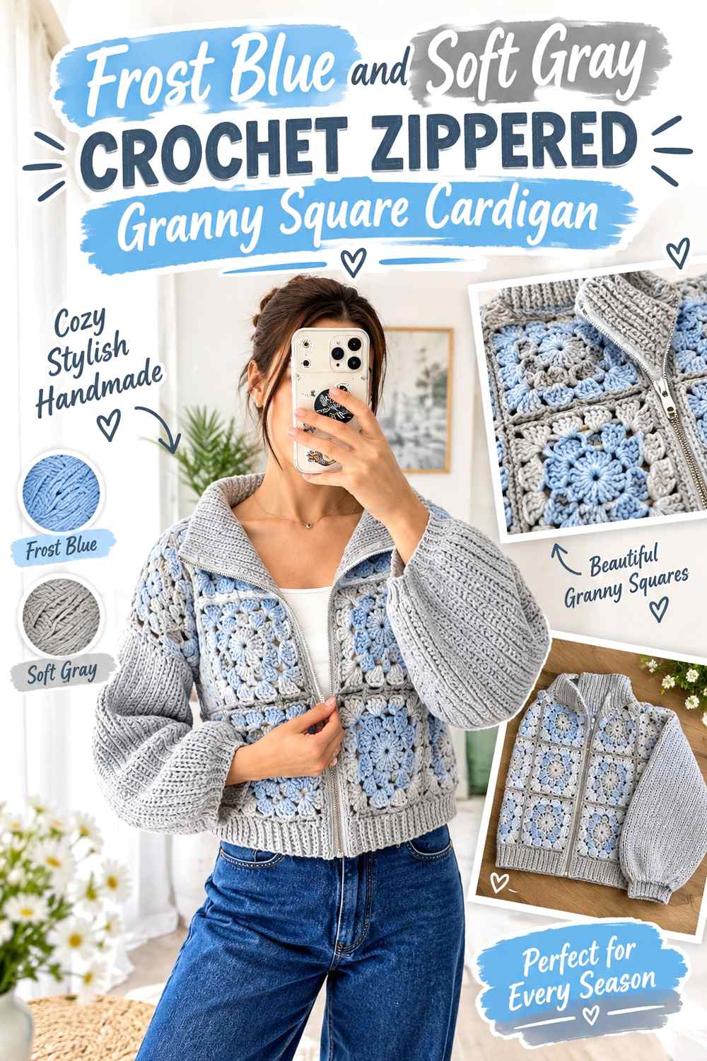 4. Frost Blue And Soft Gray Crochet Zippered Granny Square Cardigan