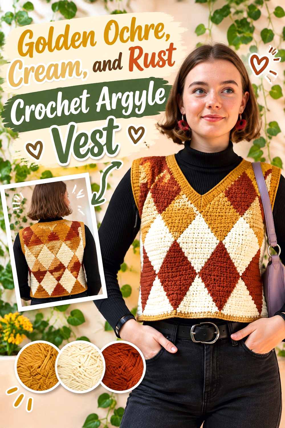 4. Golden Ochre Cream And Rust Crochet Argyle Vest
