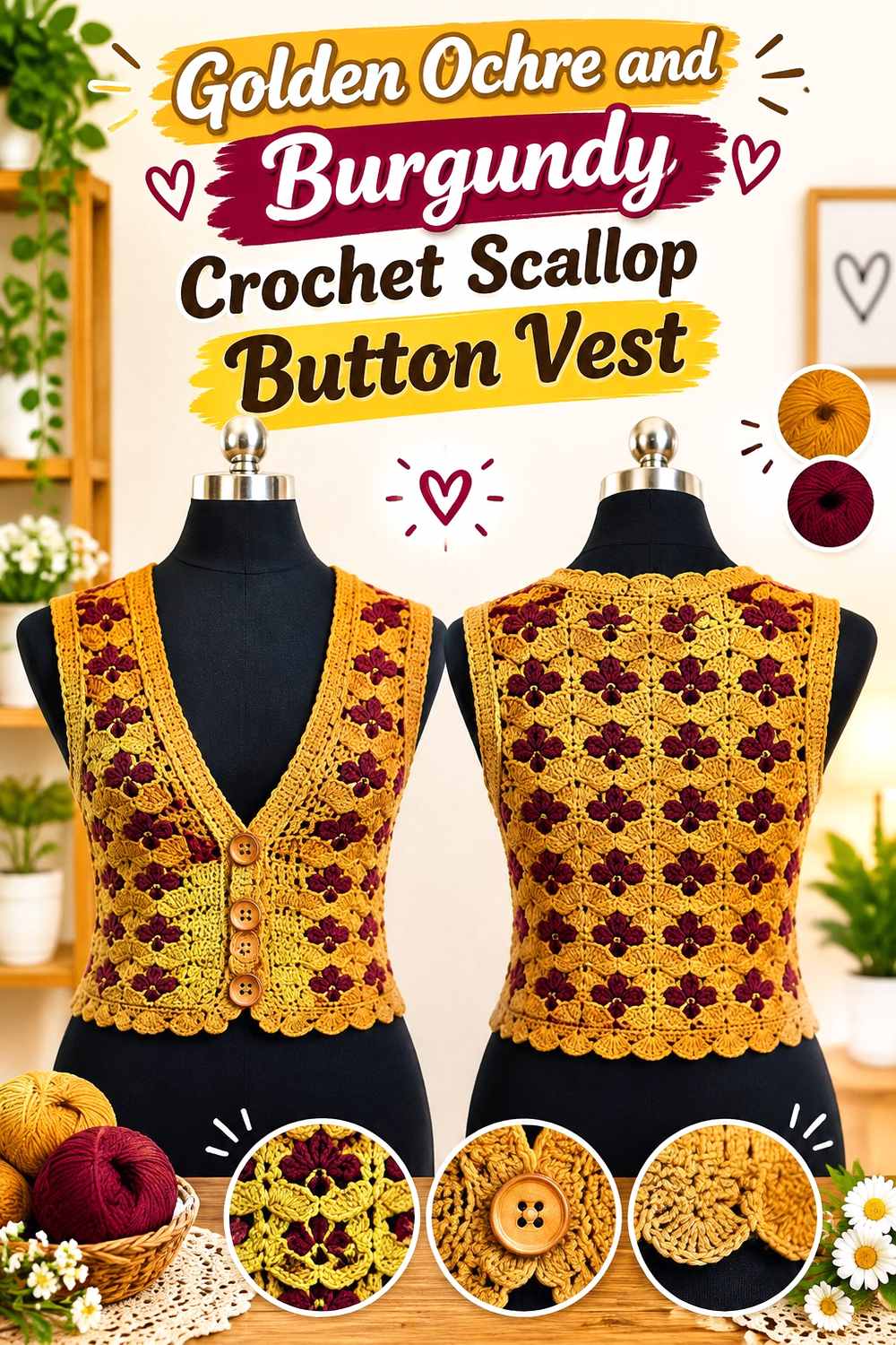 9. Golden Ochre And Burgundy Crochet Scallop Button Vest