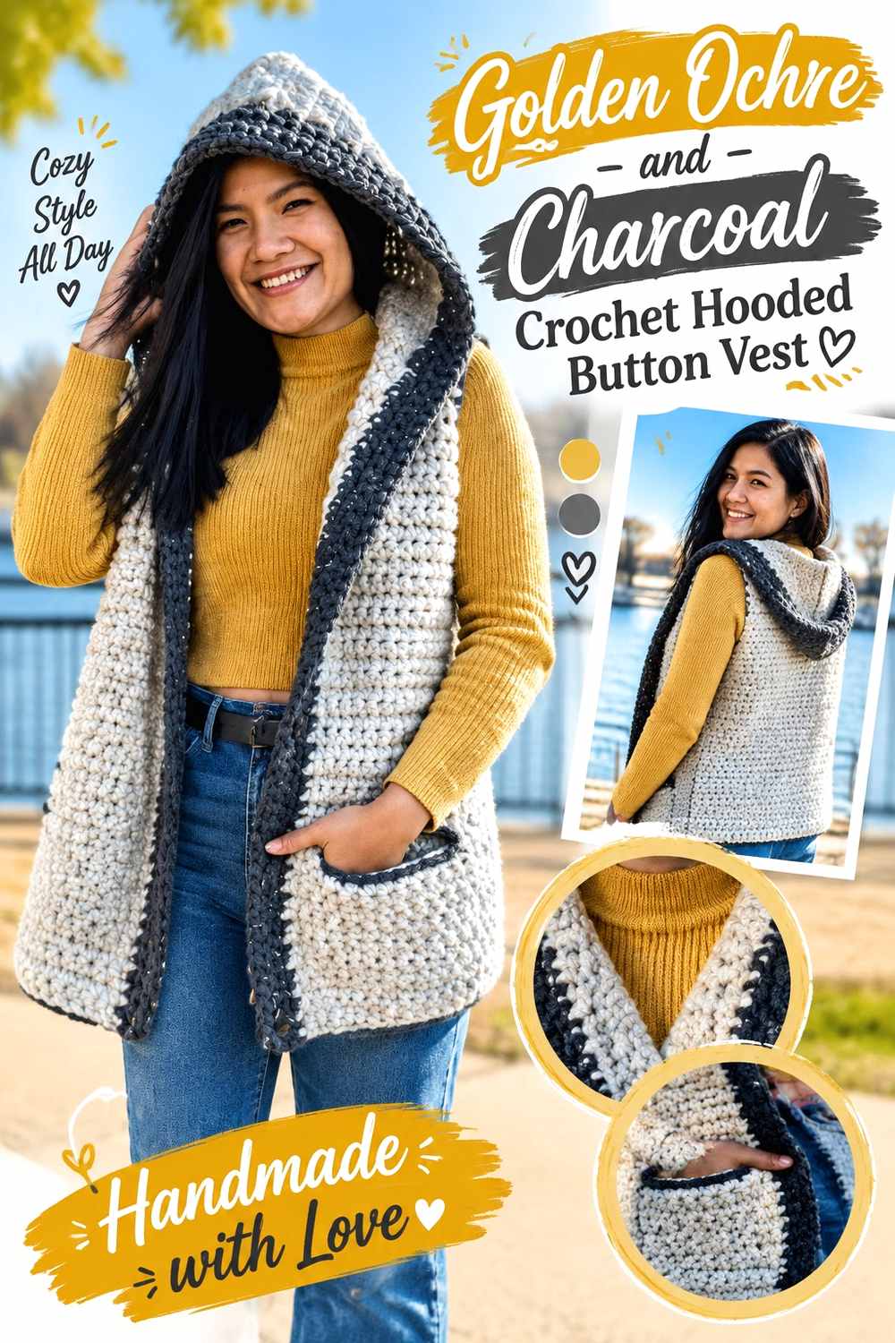 6. Golden Ochre And Charcoal Crochet Hooded Button Vest