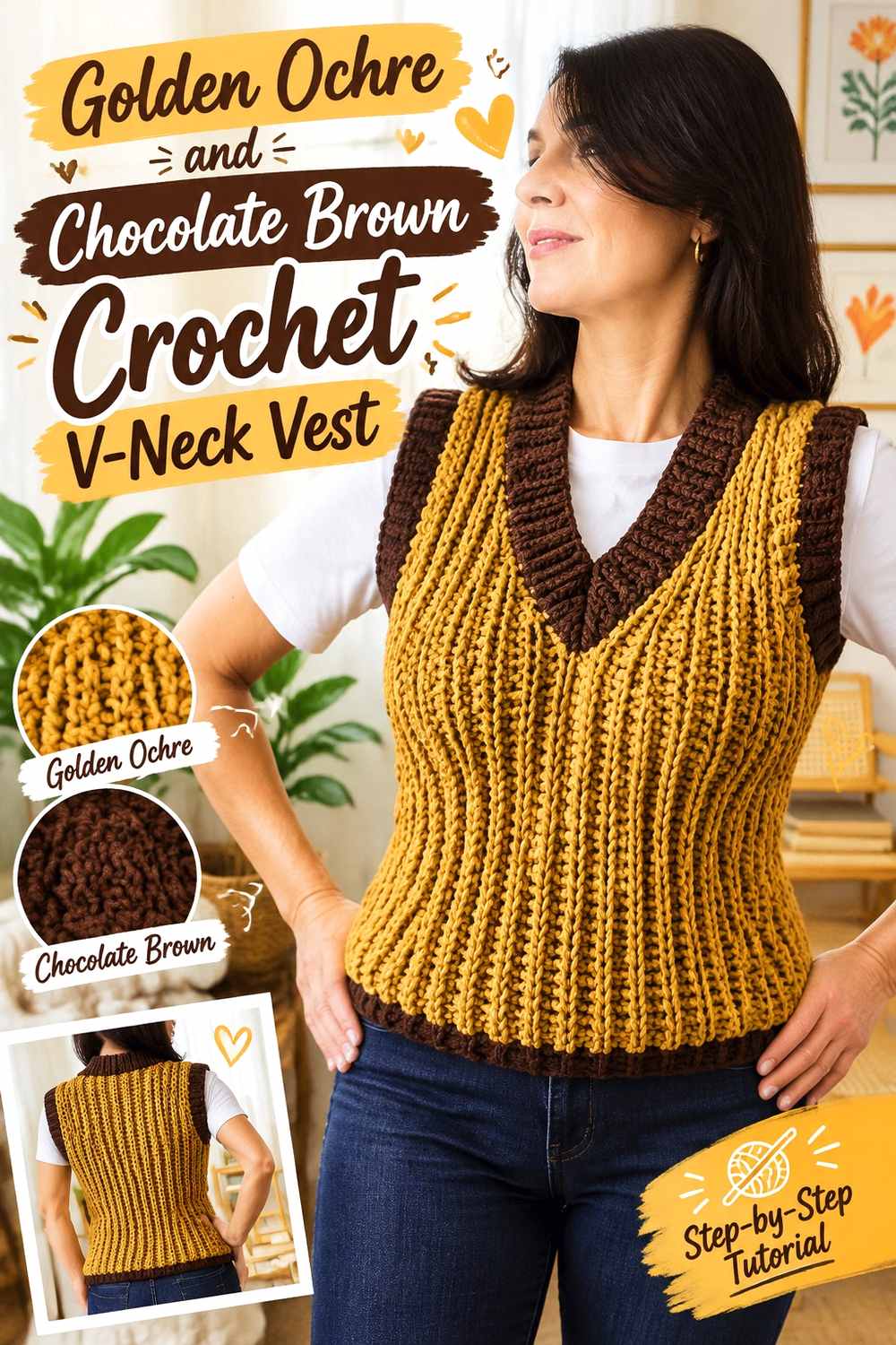2. Golden Ochre And Chocolate Brown Crochet V Neck Vest