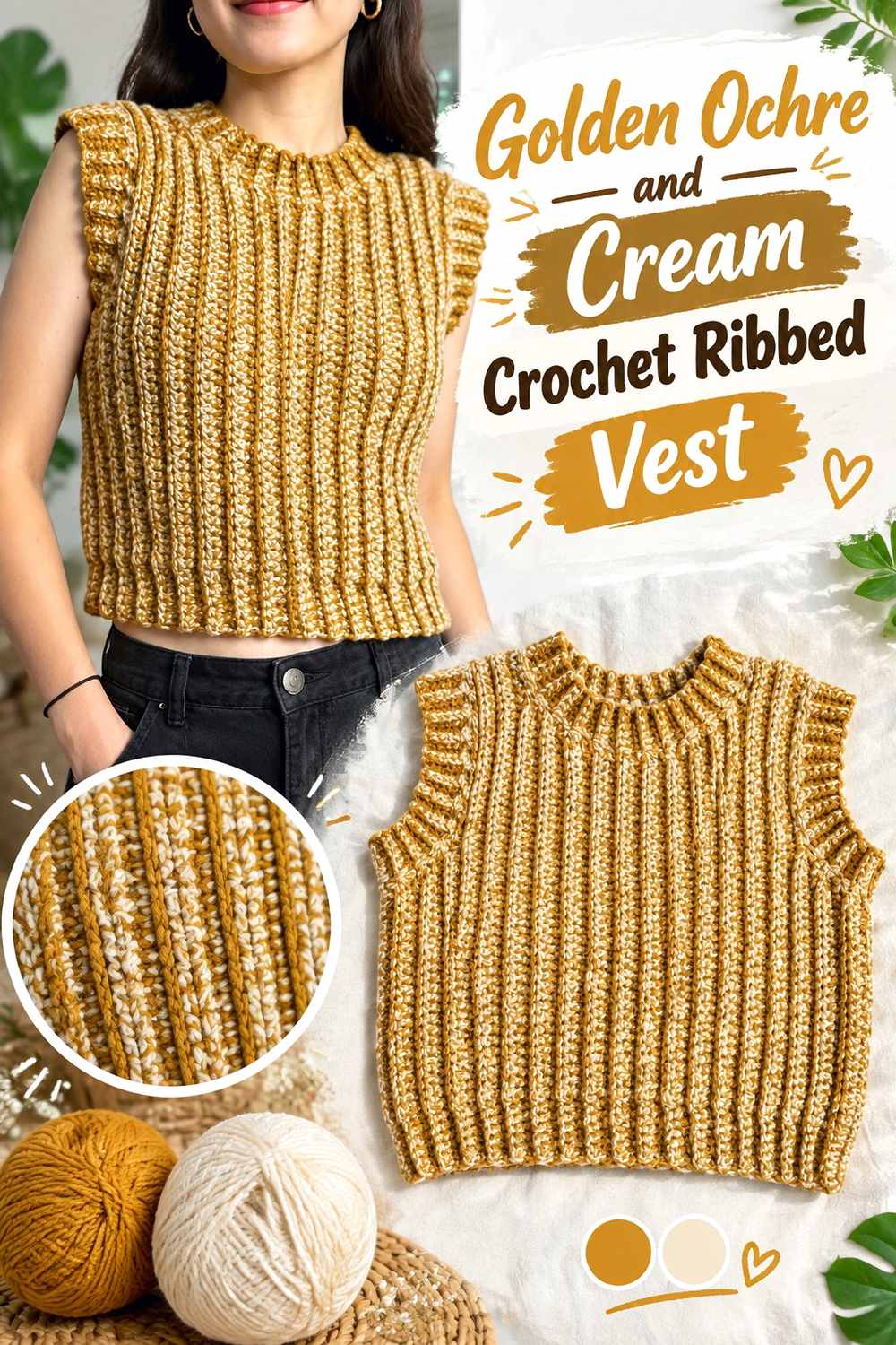 1. Golden Ochre And Cream Crochet Ribbed Vest