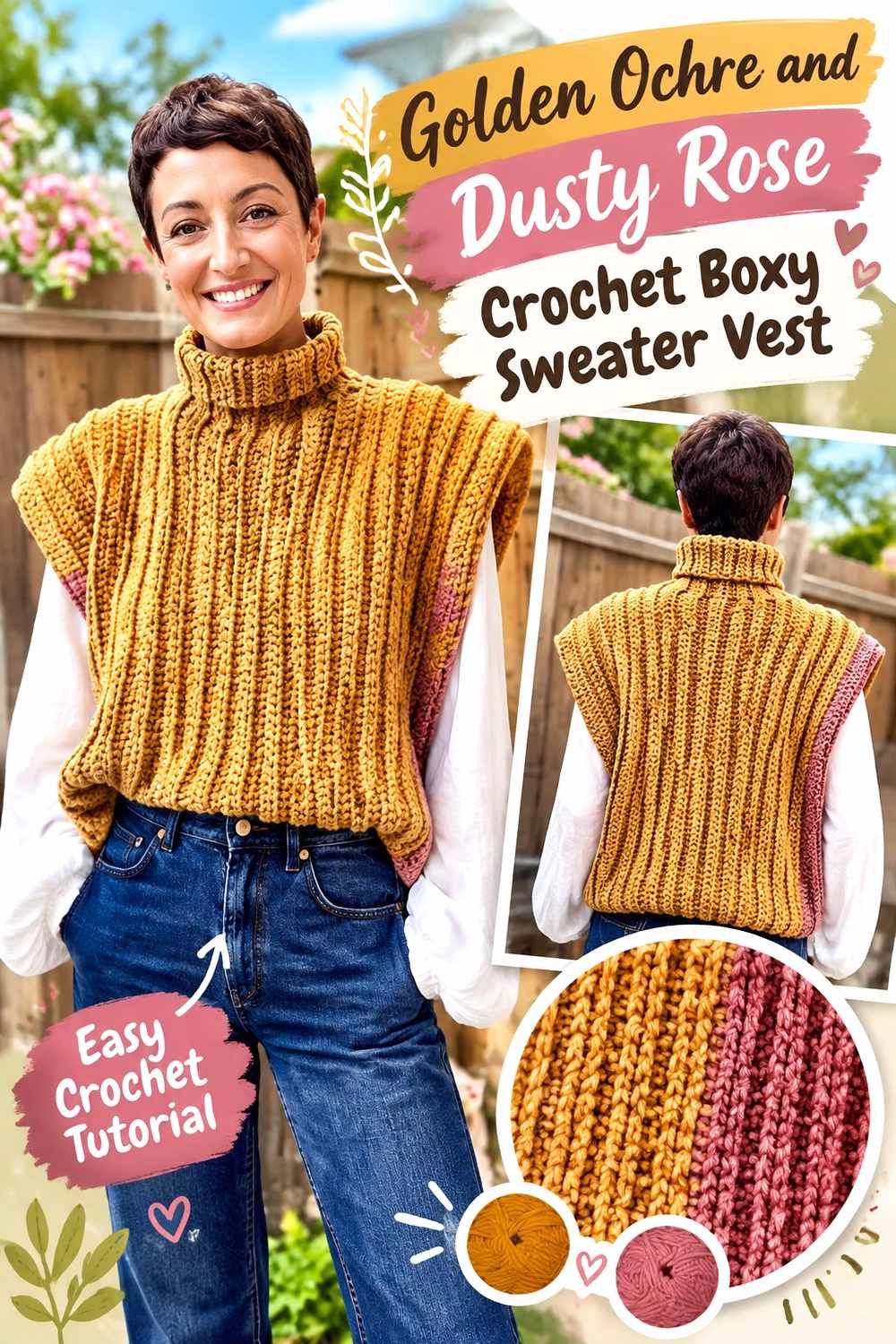 13. Golden Ochre And Dusty Rose Crochet Boxy Sweater Vest
