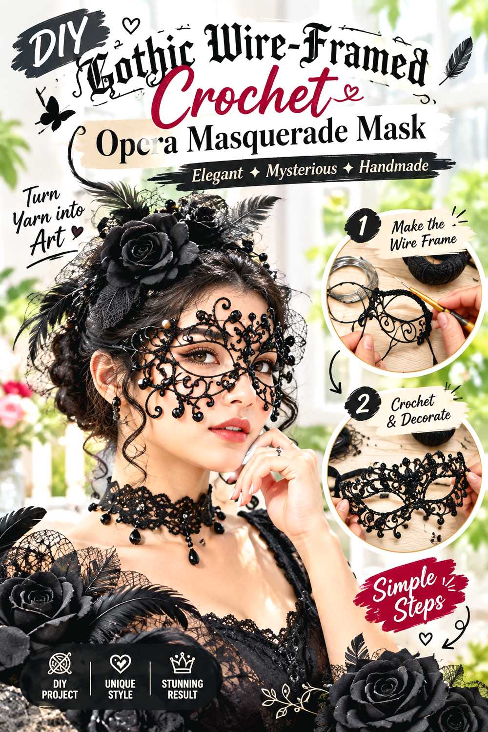 Gothic Wire Framed Crochet Opera Masquerade Mask