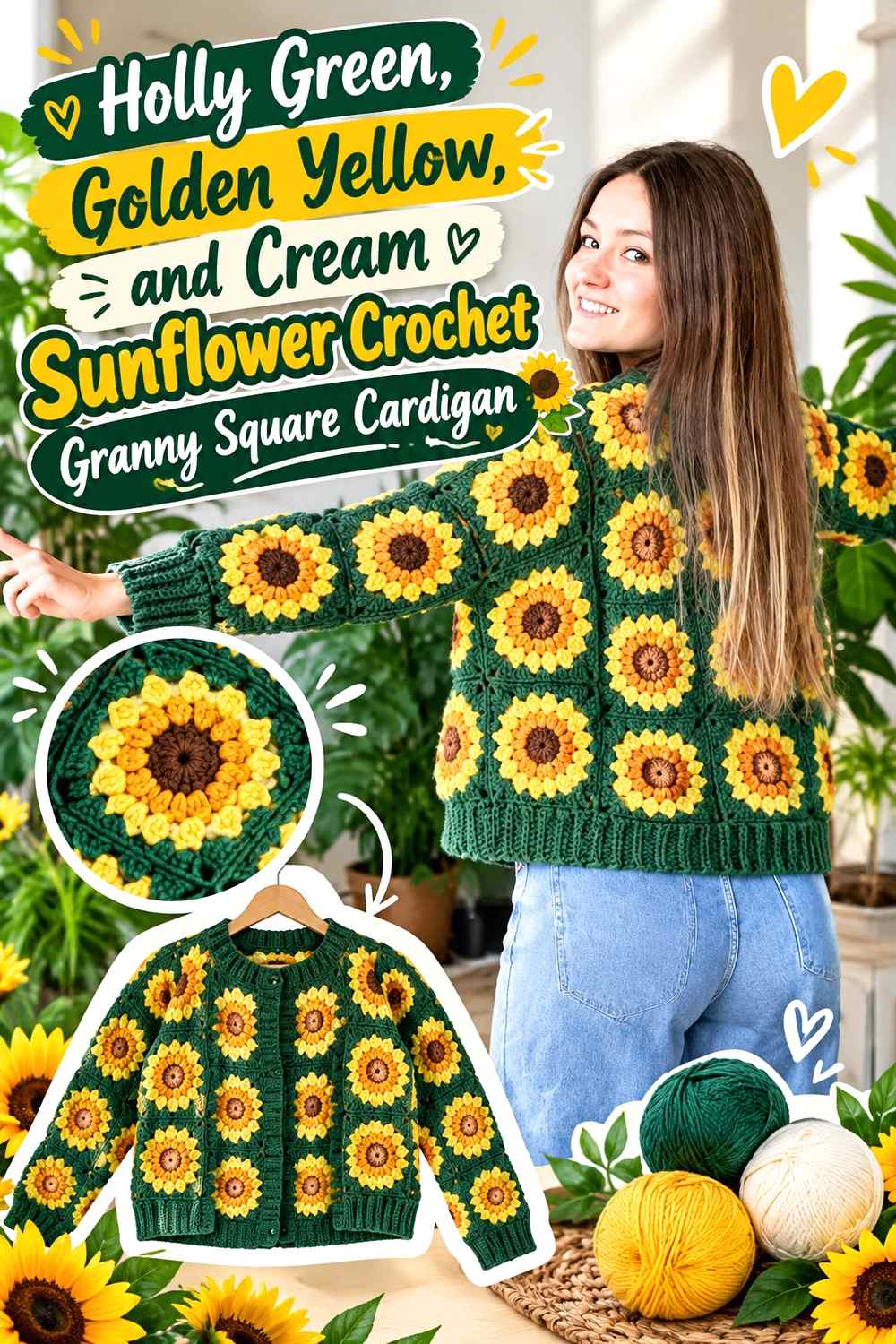 9. Holly Green Golden Yellow And Cream Sunflower Crochet Granny Square Cardigan