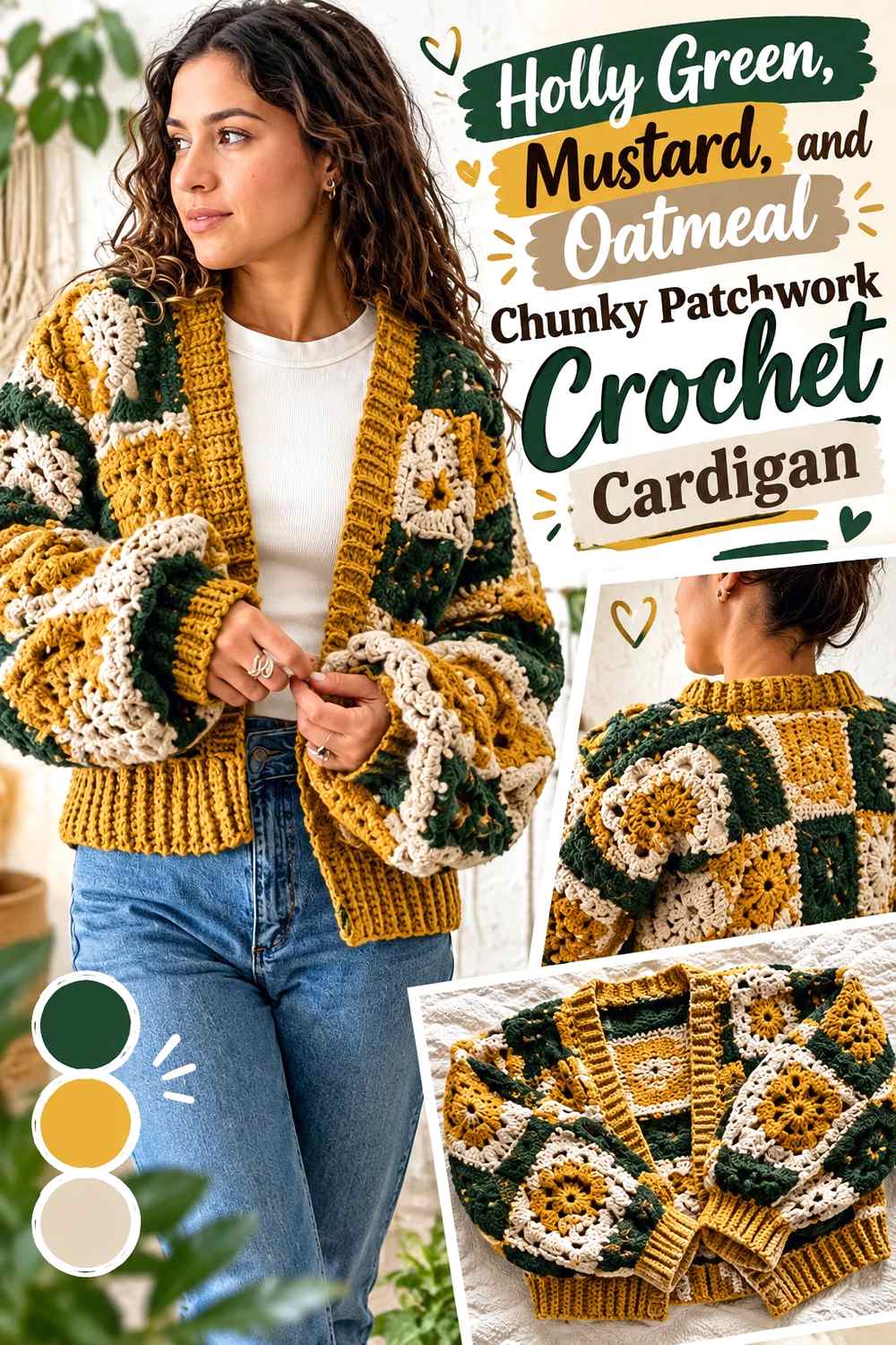 4. Holly Green Mustard And Oatmeal Chunky Patchwork Crochet Cardigan