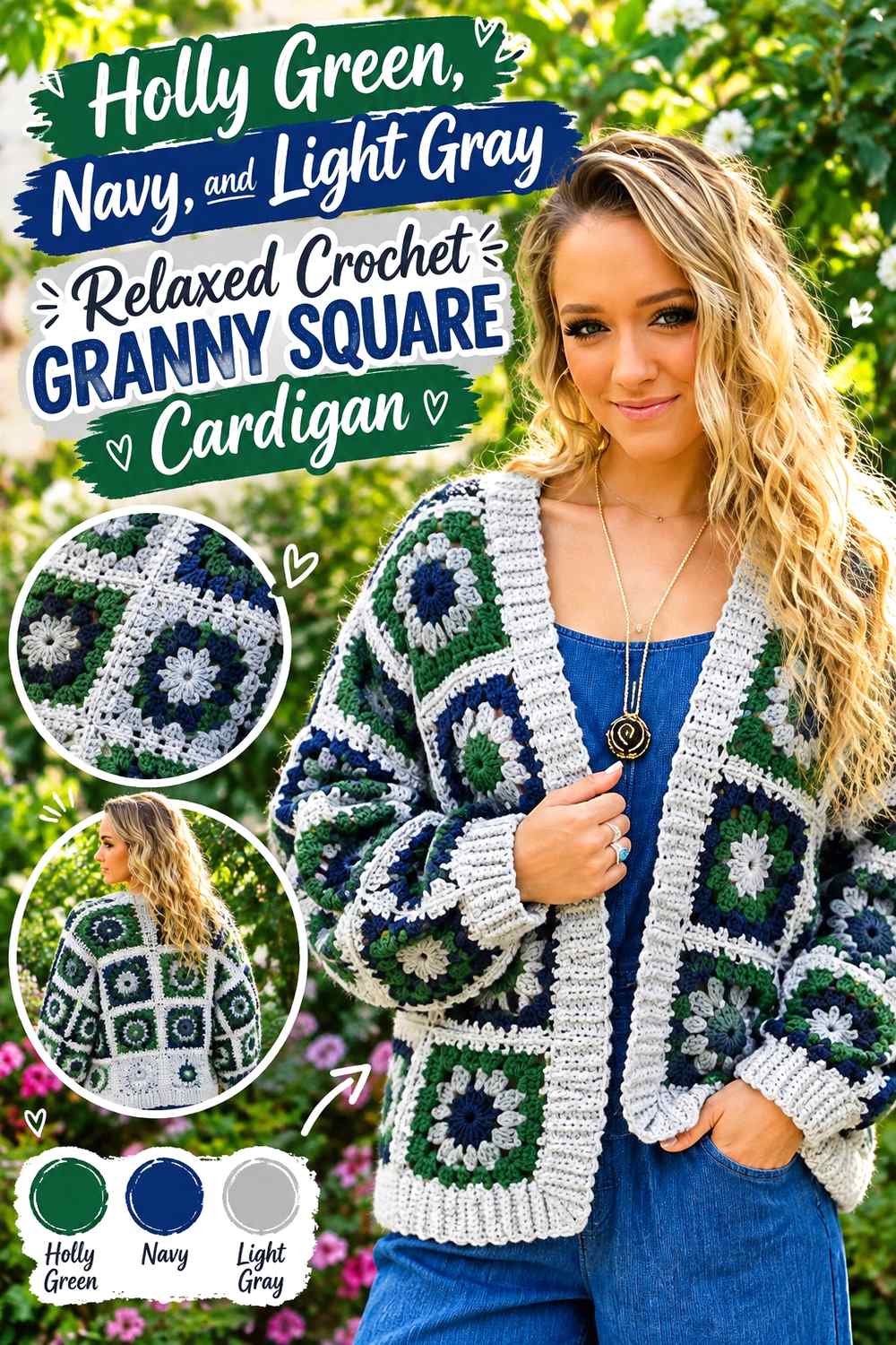 14. Holly Green Navy And Light Gray Relaxed Crochet Granny Square Cardigan