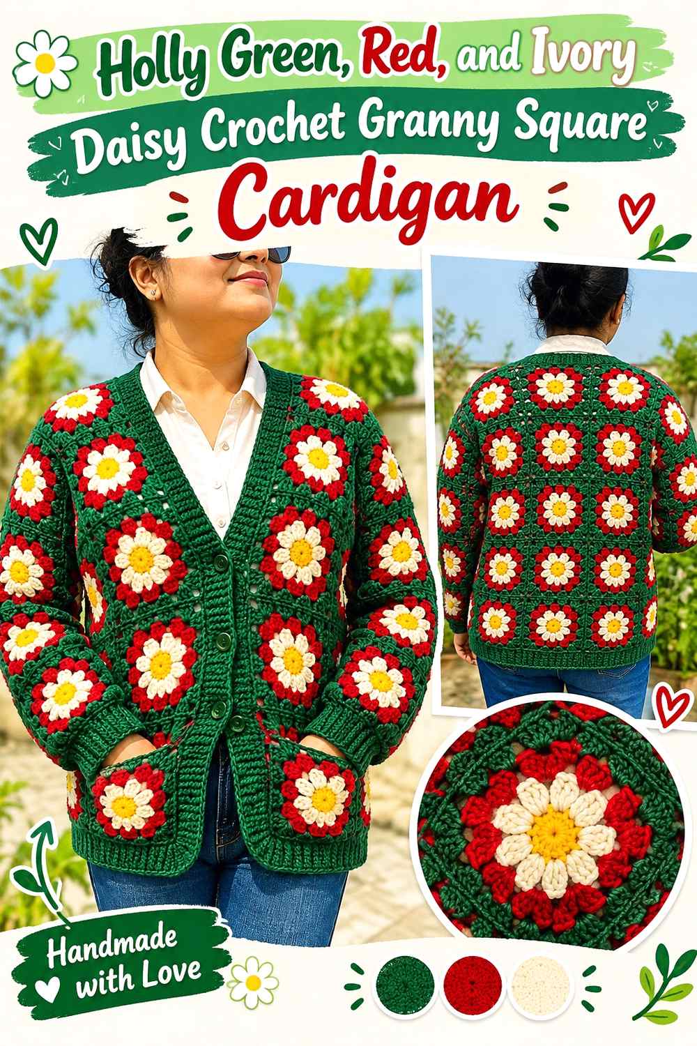 2. Holly Green Red And Ivory Daisy Crochet Granny Square Cardigan