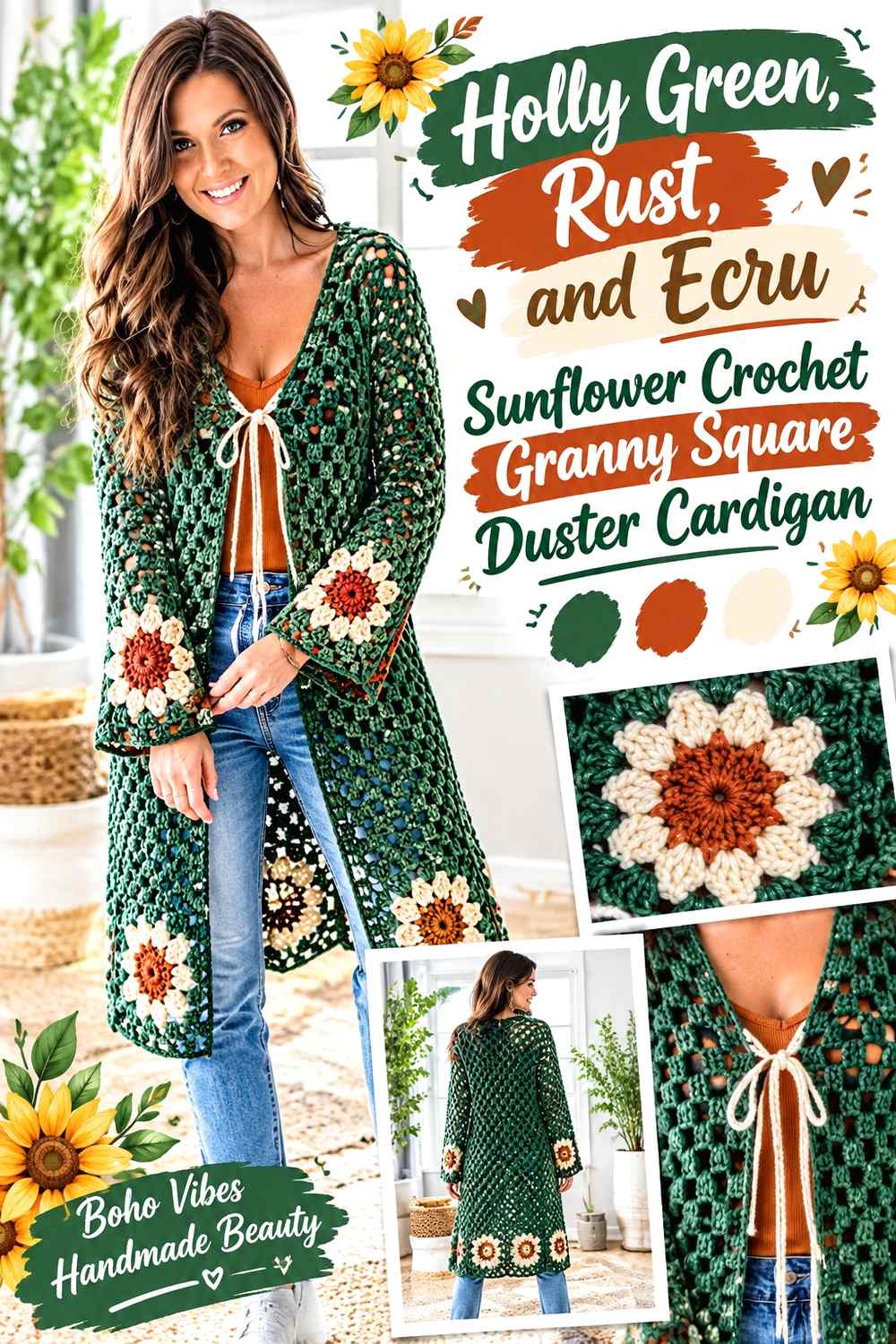 13. Holly Green Rust And Ecru Sunflower Crochet Granny Square Duster Cardigan
