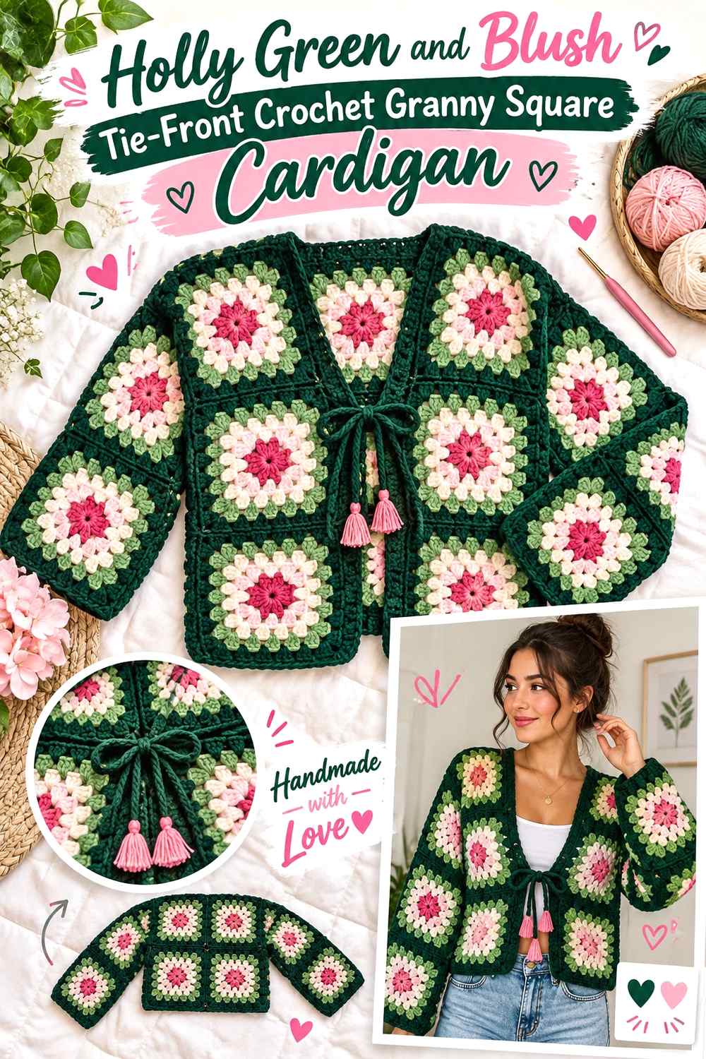 6. Holly Green And Blush Tie Front Crochet Granny Square Cardigan