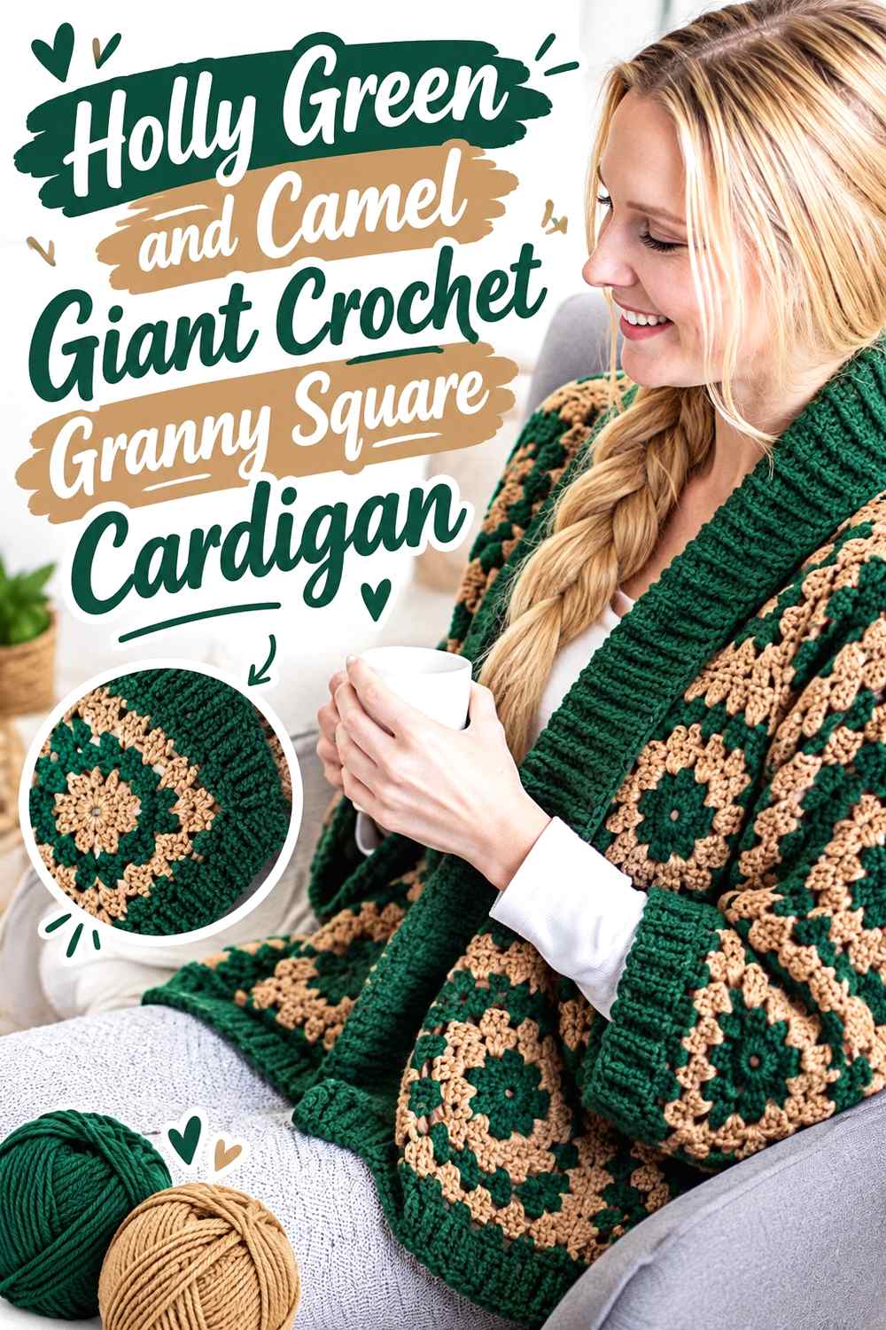 3. Holly Green And Camel Giant Crochet Granny Square Cardigan