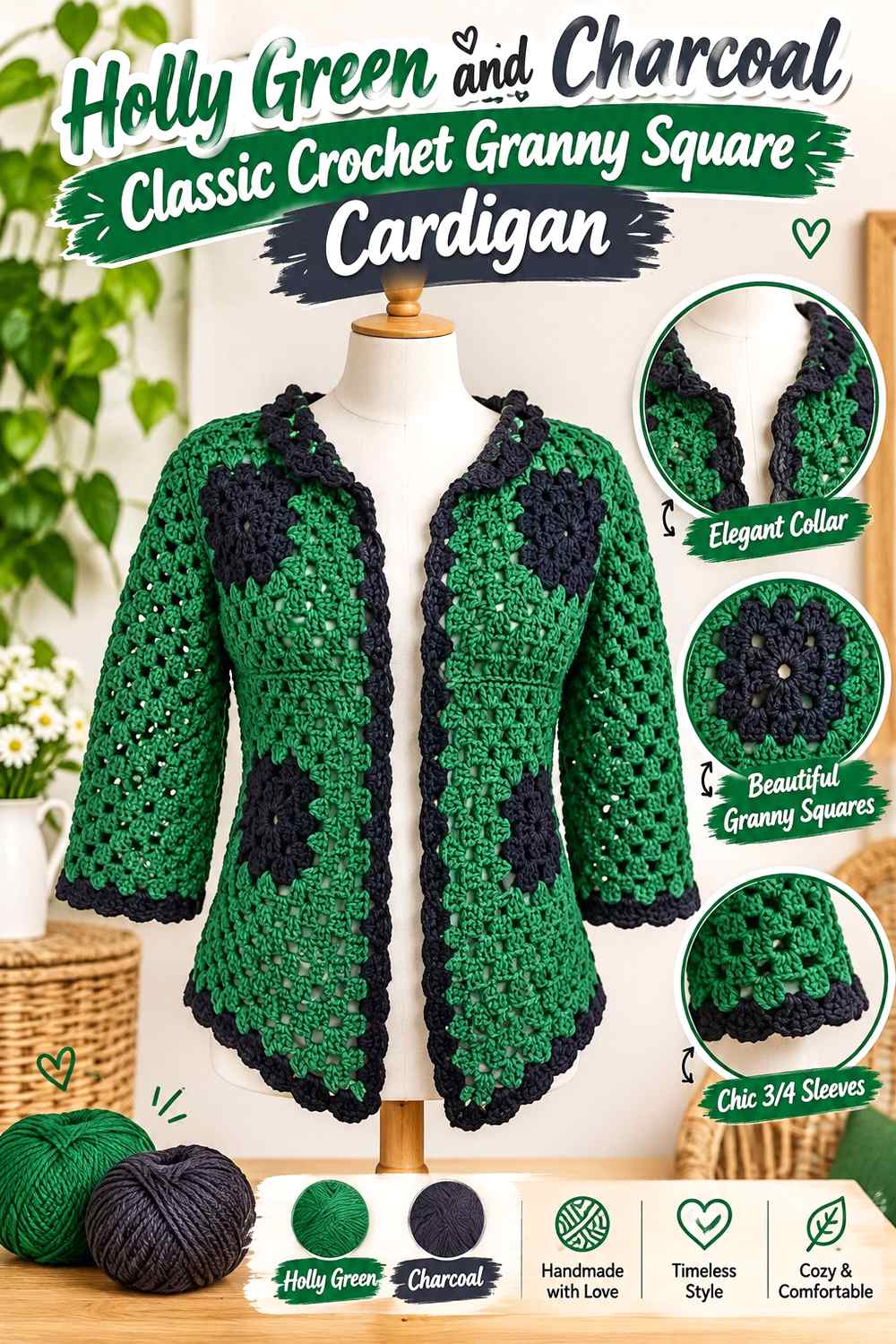 5. Holly Green And Charcoal Classic Crochet Granny Square Cardigan