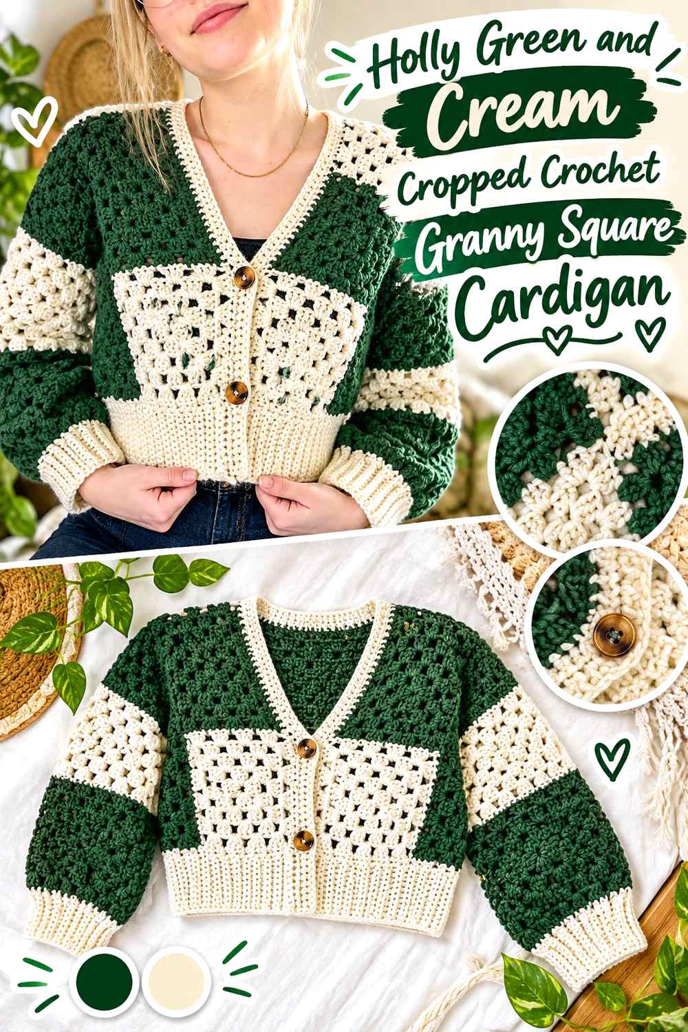 1. Holly Green And Cream Cropped Crochet Granny Square Cardigan