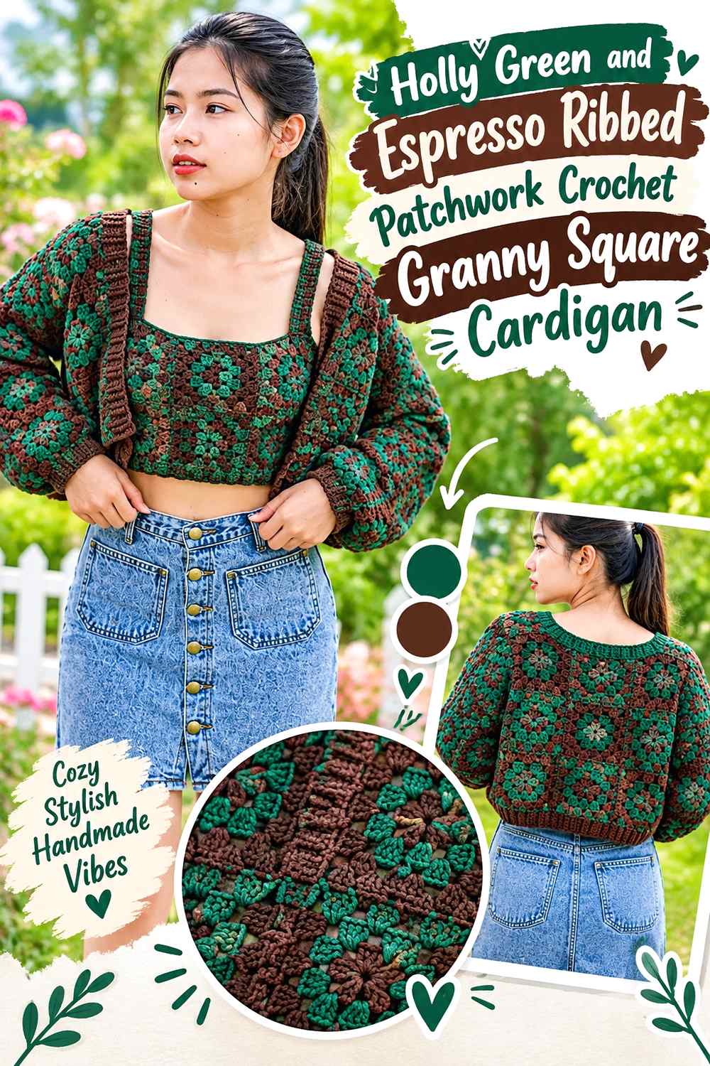 8. Holly Green And Espresso Ribbed Patchwork Crochet Granny Square Cardigan