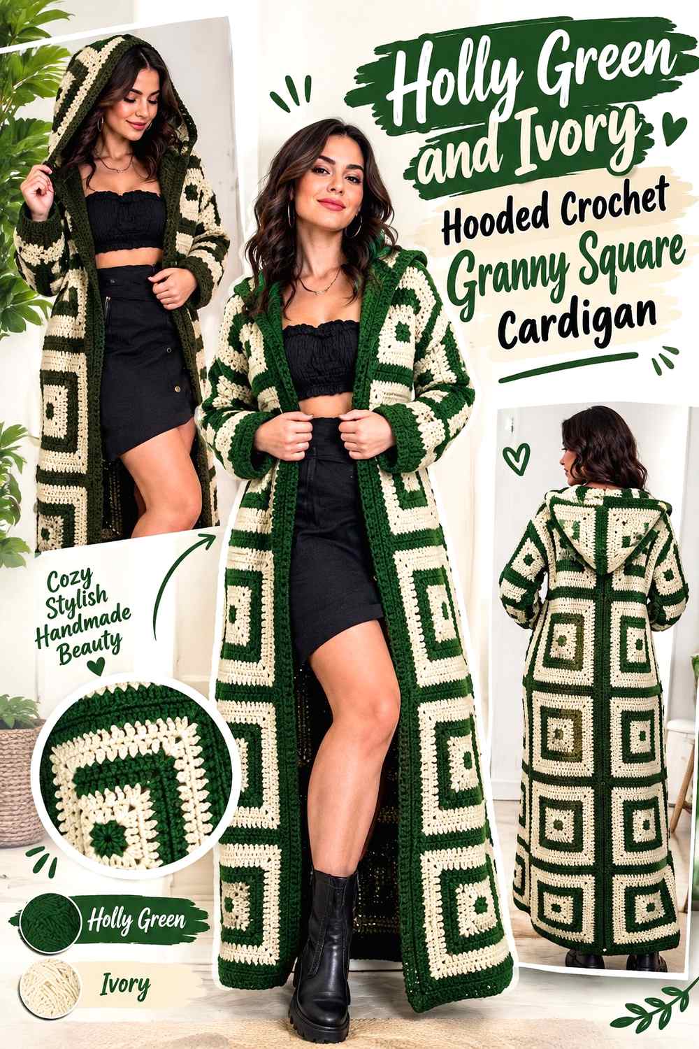 7. Holly Green And Ivory Hooded Crochet Granny Square Cardigan