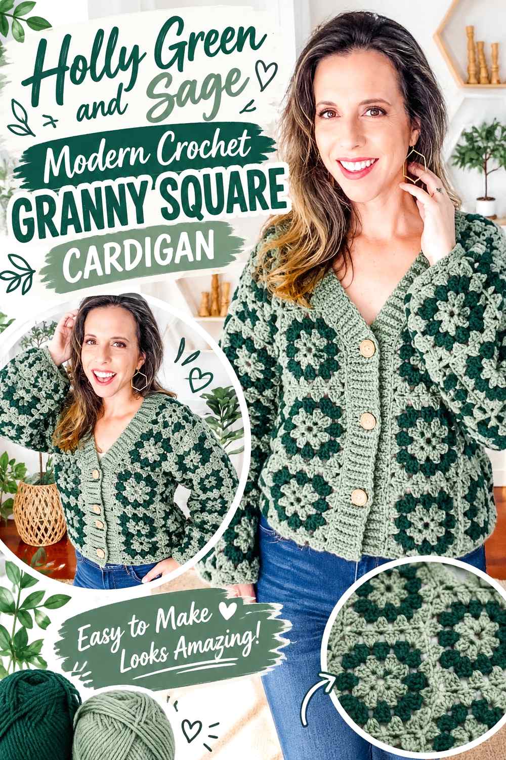 10. Holly Green And Sage Modern Crochet Granny Square Cardigan