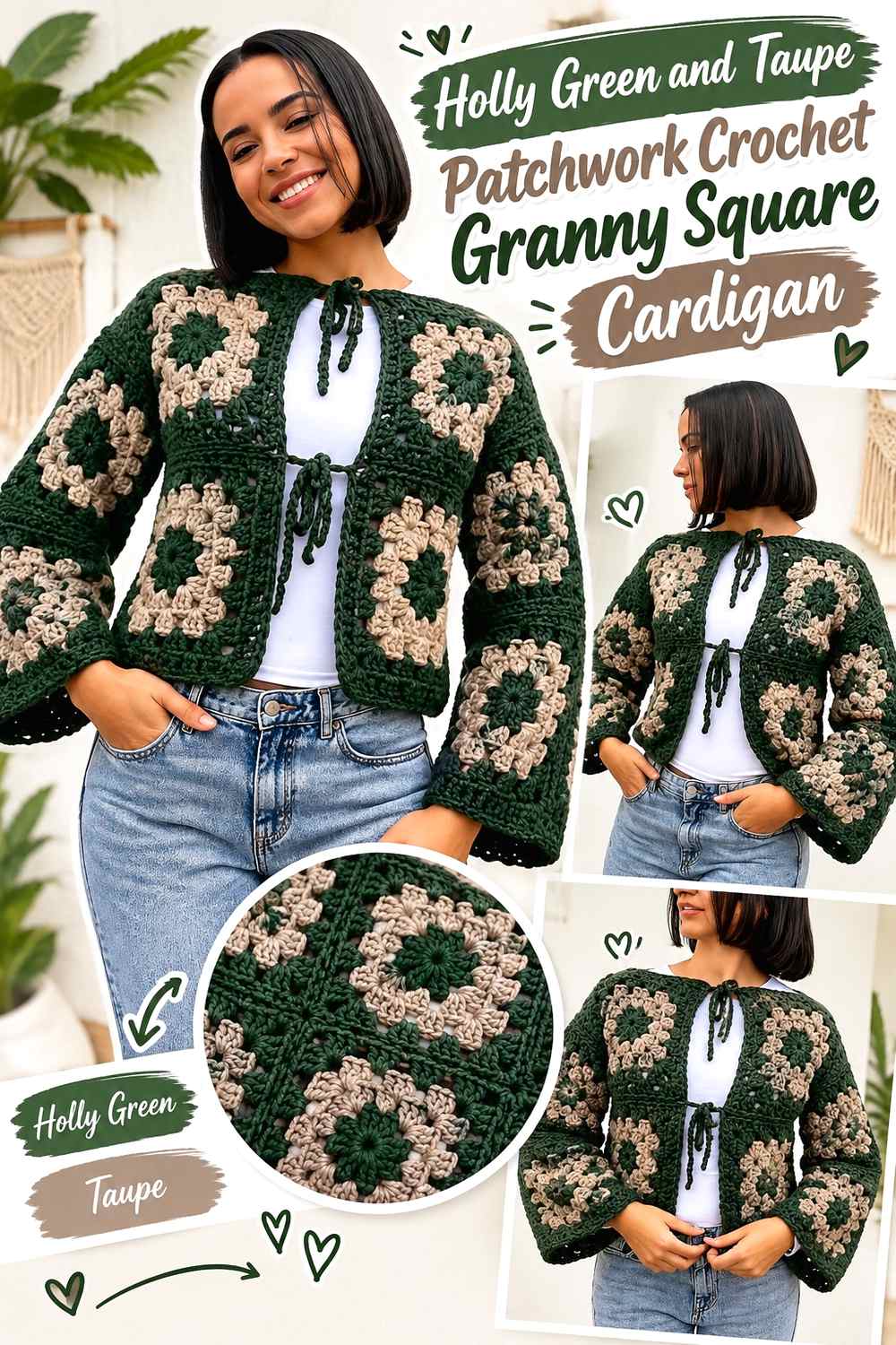 12. Holly Green And Taupe Patchwork Crochet Granny Square Cardigan