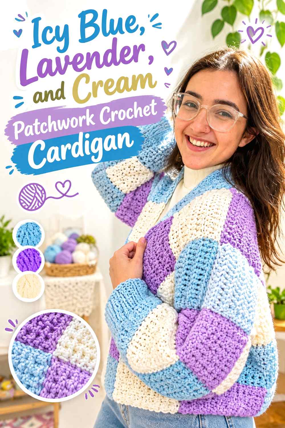 6. Icy Blue Lavender And Cream Patchwork Crochet Cardigan