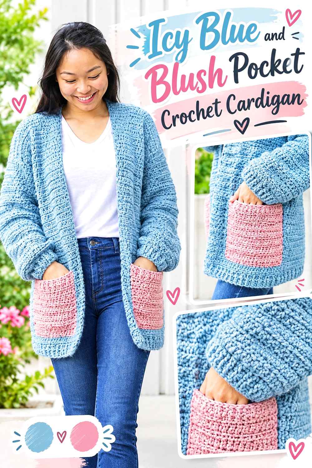8. Icy Blue And Blush Pocket Crochet Cardigan