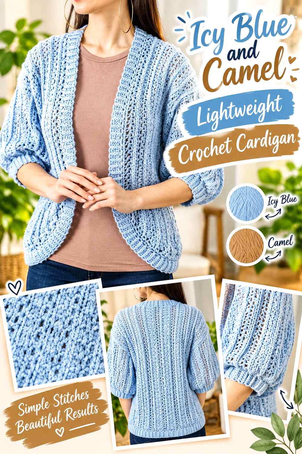 3. Icy Blue And Camel Lightweight Crochet Cardigan