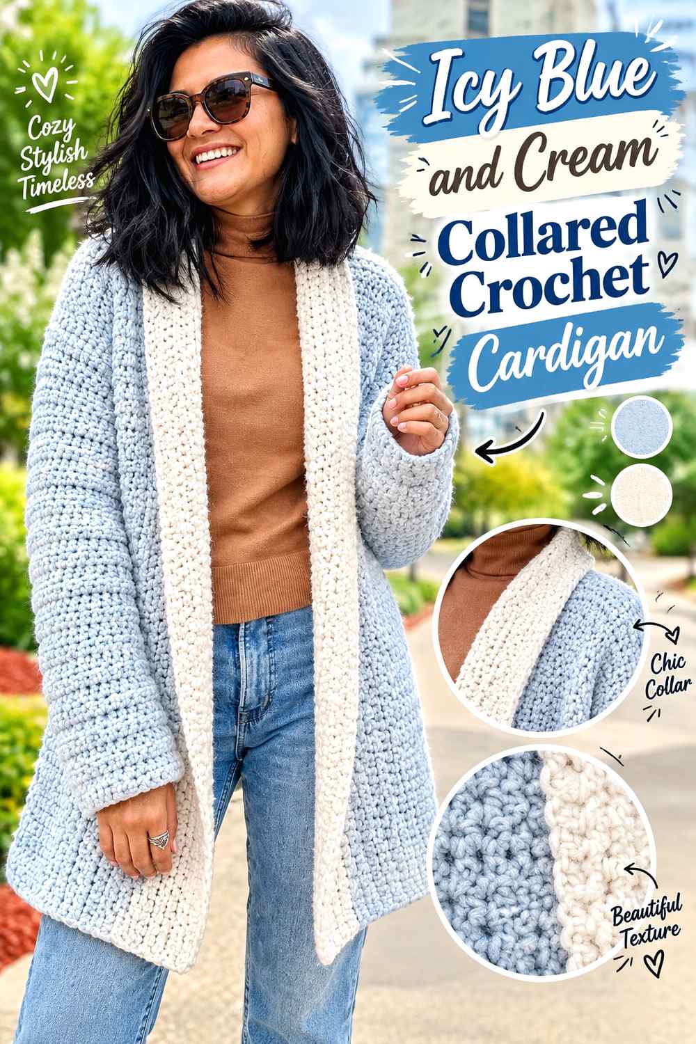 1. Icy Blue And Cream Collared Crochet Cardigan