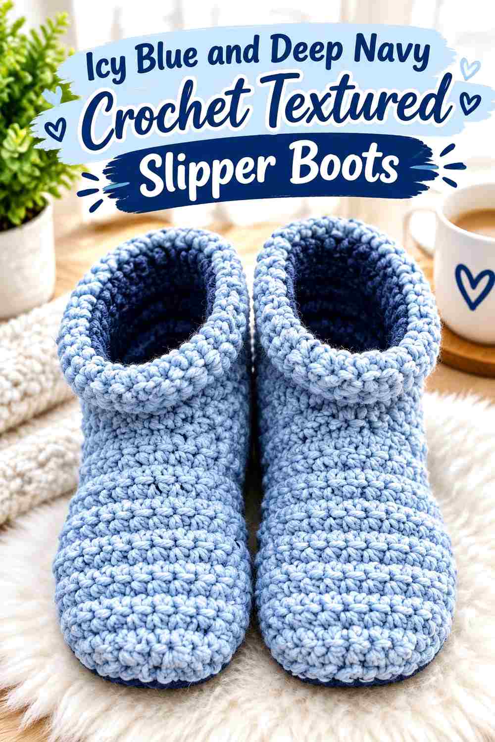 11. Icy Blue And Deep Navy Crochet Textured Slipper Boots