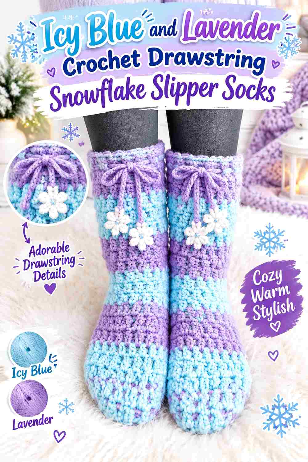 5. Icy Blue And Lavender Crochet Drawstring Snowflake Slipper Socks
