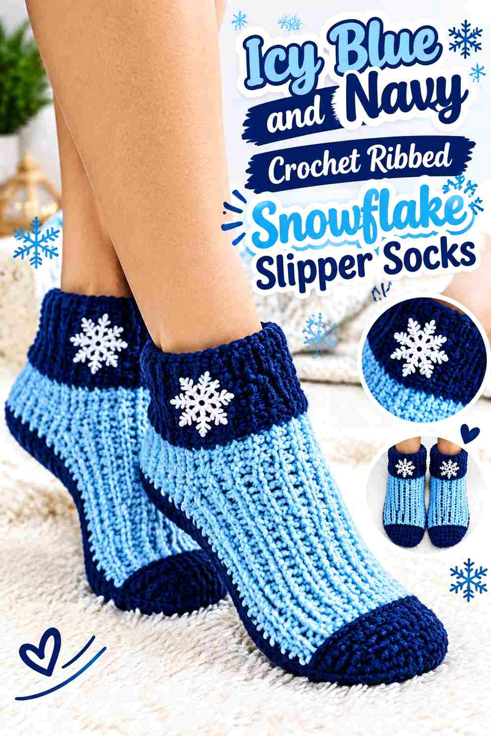 2. Icy Blue And Navy Crochet Ribbed Snowflake Slipper Socks