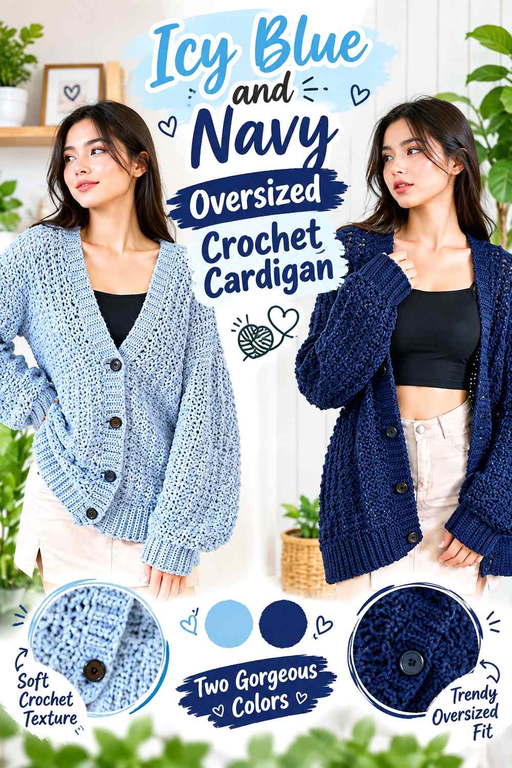 5. Icy Blue And Navy Oversized Crochet Cardigan