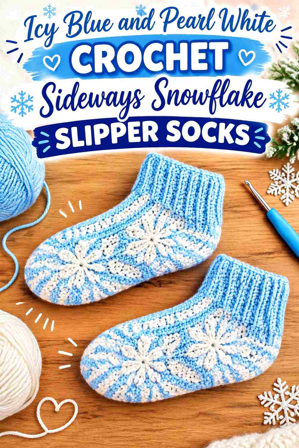 4. Icy Blue And Pearl White Crochet Sideways Snowflake Slipper Socks