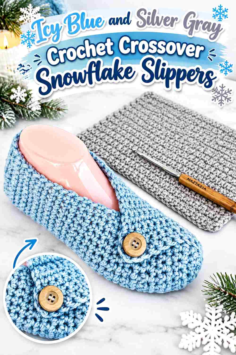 3. Icy Blue And Silver Gray Crochet Crossover Snowflake Slippers