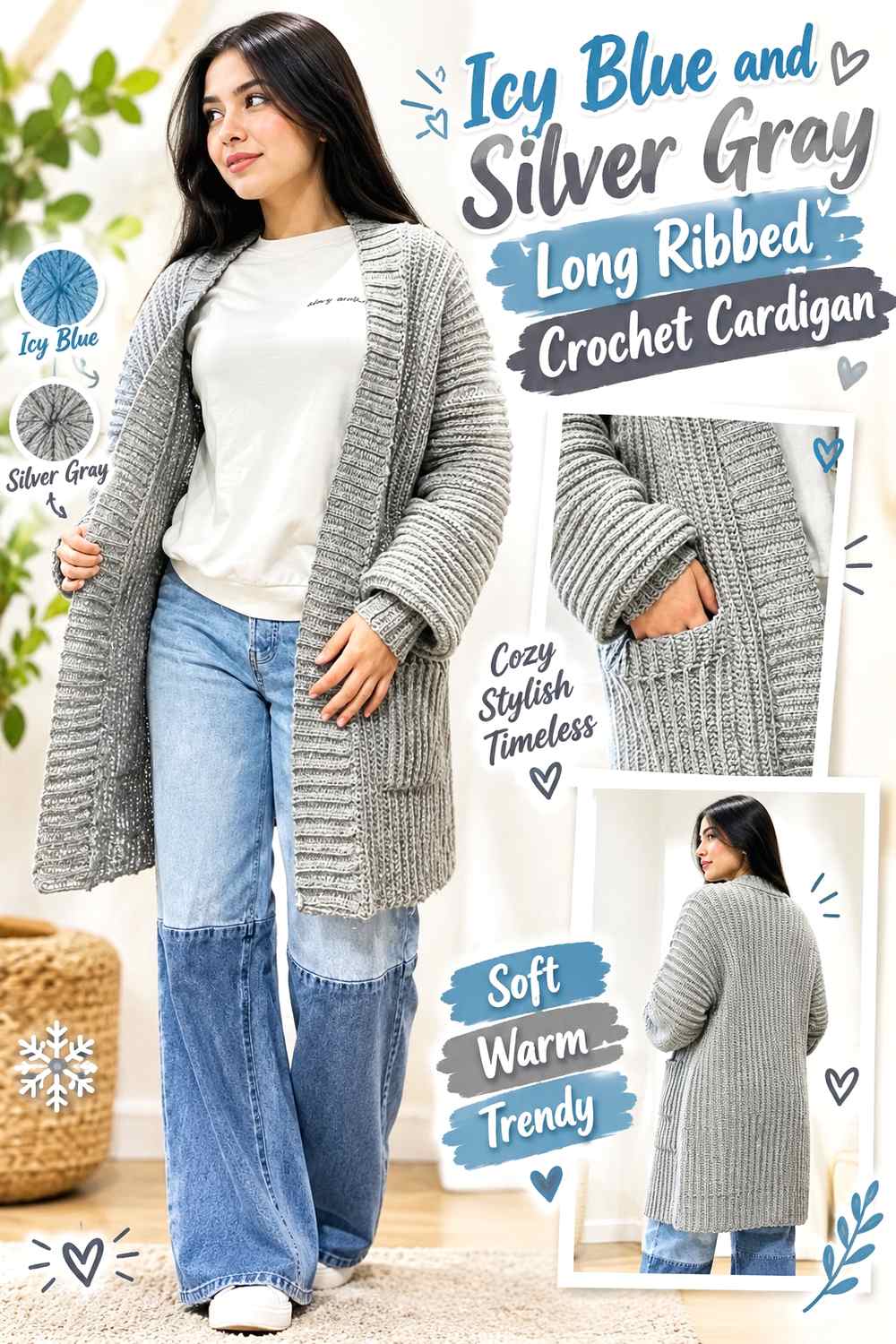 4. Icy Blue And Silver Gray Long Ribbed Crochet Cardigan