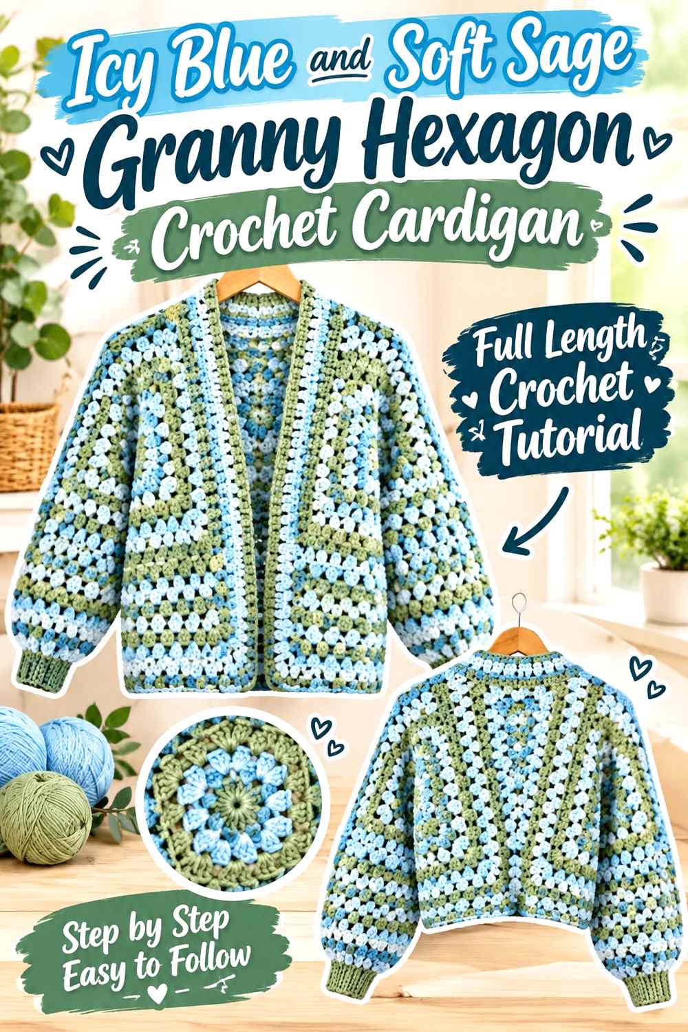 9. Icy Blue And Soft Sage Granny Hexagon Crochet Cardigan