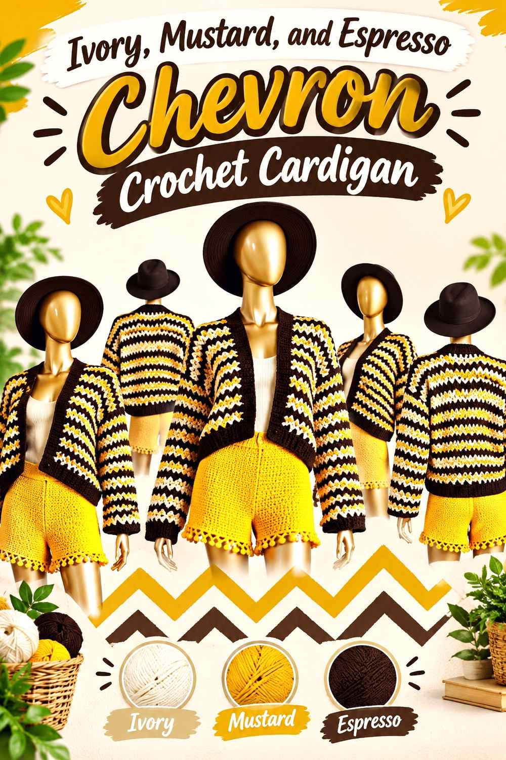 6. Ivory Mustard And Espresso Chevron Crochet Cardigan