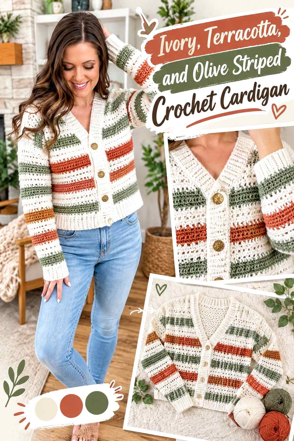 9. Ivory Terracotta And Olive Striped Crochet Cardigan