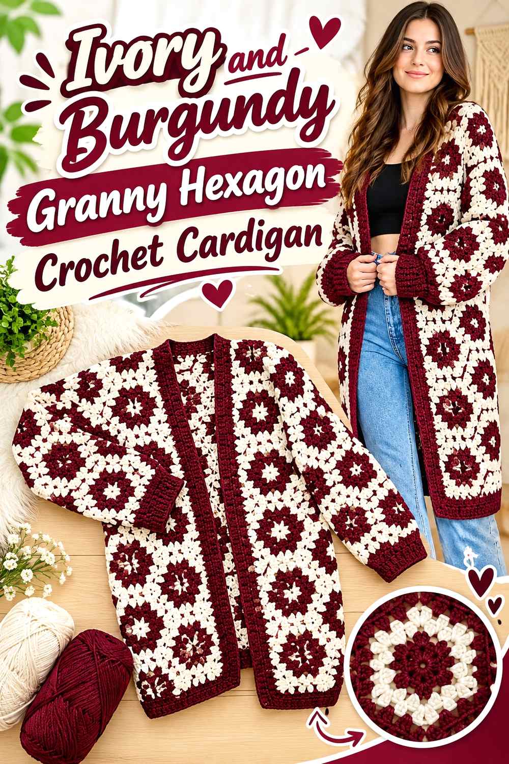 10. Ivory And Burgundy Granny Hexagon Crochet Cardigan