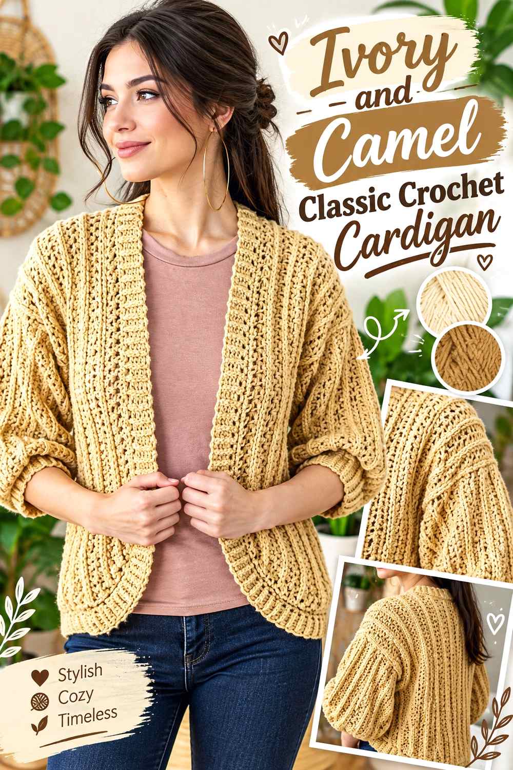 1. Ivory And Camel Classic Crochet Cardigan