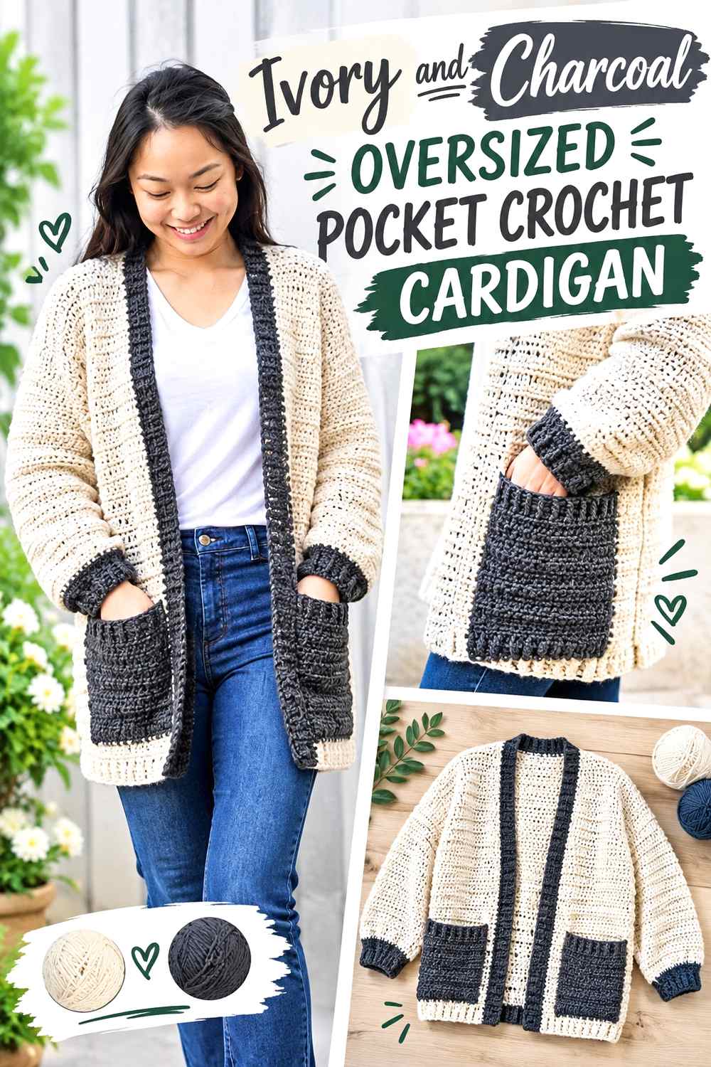 2. Ivory And Charcoal Oversized Pocket Crochet Cardigan