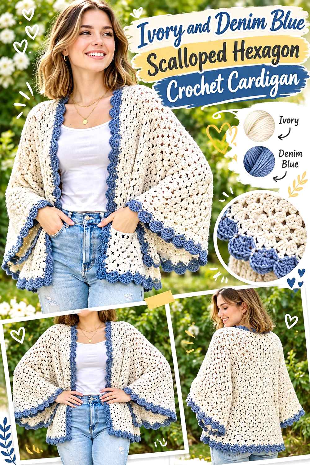 11. Ivory And Denim Blue Scalloped Hexagon Crochet Cardigan