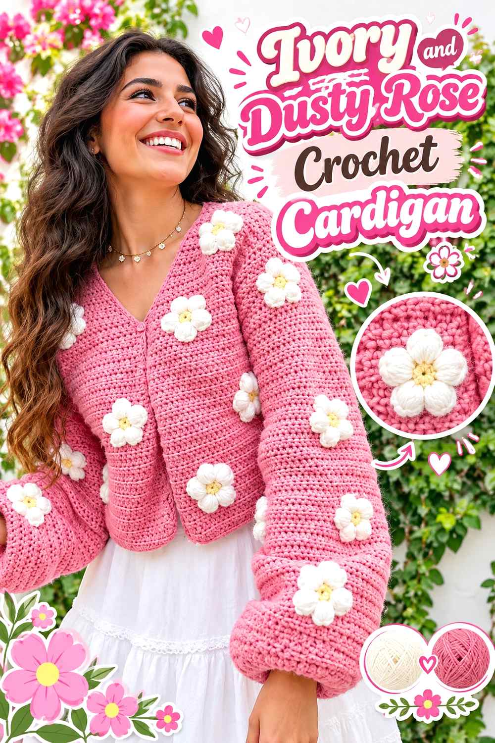 5. Ivory And Dusty Rose Crochet Cardigan