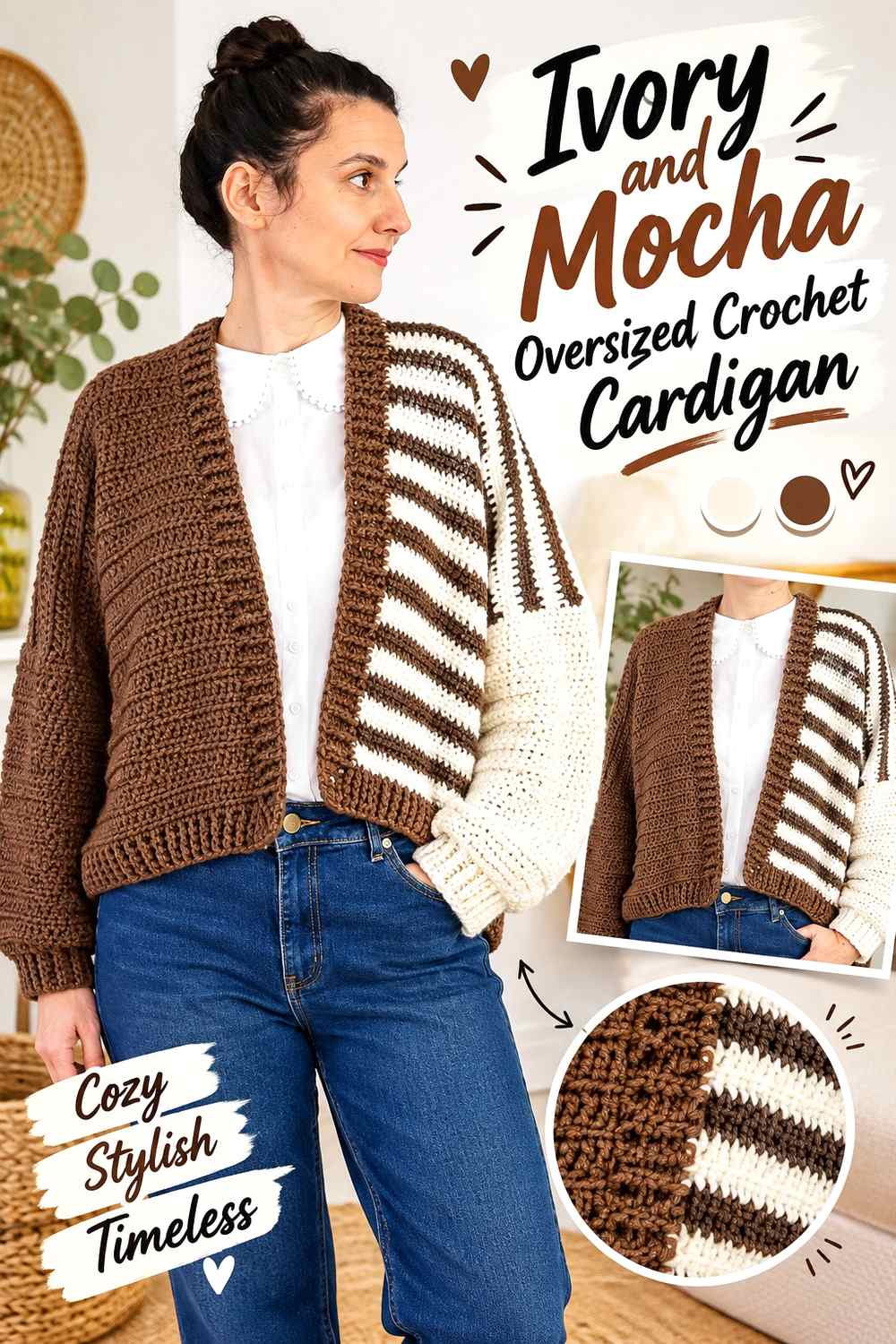 12. Ivory And Mocha Oversized Crochet Cardigan