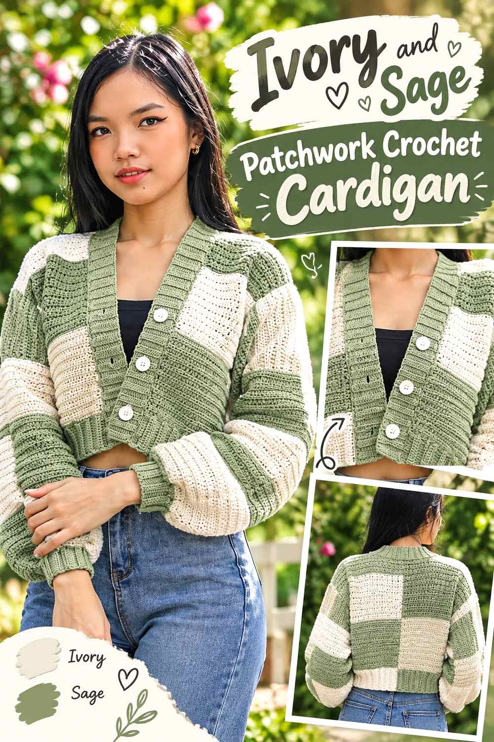 3. Ivory And Sage Patchwork Crochet Cardigan