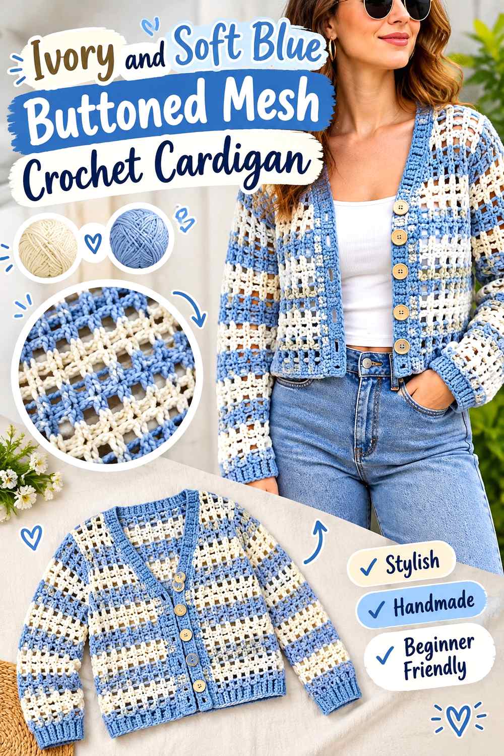 7. Ivory And Soft Blue Buttoned Mesh Crochet Cardigan